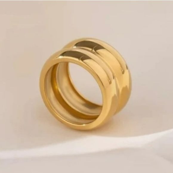 Size 7 Gold Plated Stainless Steel Wide Double Band Chunky Ring - Picture 14 of 15